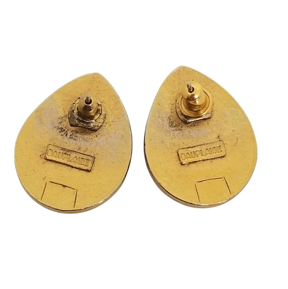 CAROL DAUPLAISE 1980s GOLDTONE & BLACK JEWEL TEARDROP DESIGN EARRINGS - Picture 4 of 5